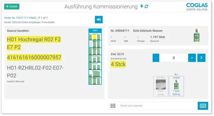 COGLAS WEB WMS: Kommissionierung mit Pick-Dialog und Bestätigungsworkflow