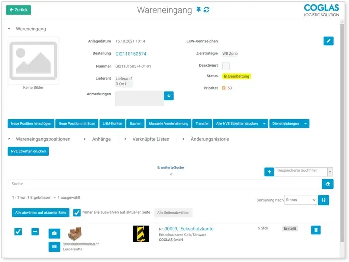 COGLAS WEB WMS: Wareneingang mit Artikel- und Beleginformationen sowie Statusübersicht